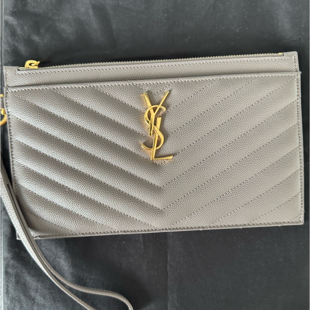Yves Saint Laurent Gray Quilted Leather Clutch